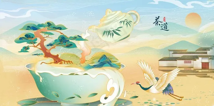 茶道中国风国潮山水仙鹤古风插画图片(4724x2657)psd模版下载