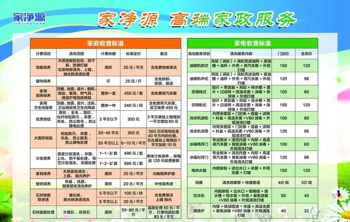 家政服务项目及收费图片(7087x4724)psd模版下载