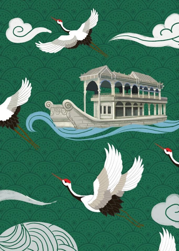 国潮仙鹤船插画图片