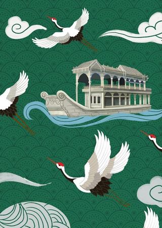 国潮仙鹤船插画图片