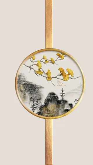 中式山水银杏叶国画装饰画图片