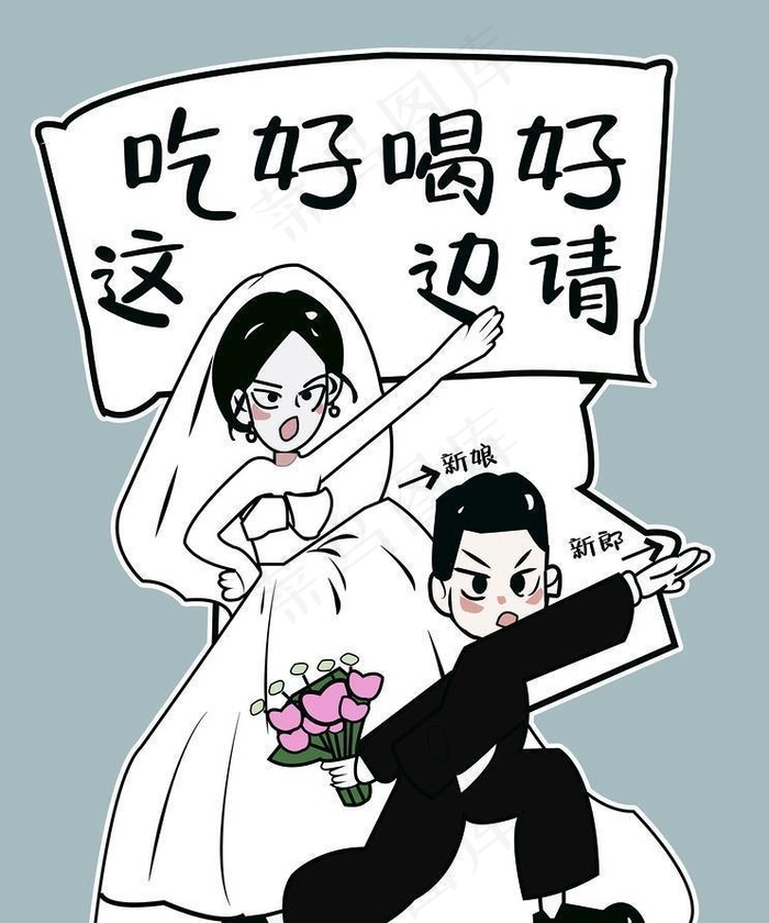 婚礼迎宾牌结婚新郎新娘卡通牌图片(4858x6693)psd模版下载