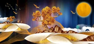 飞鸟麋鹿树林山脉风景画挂画图片