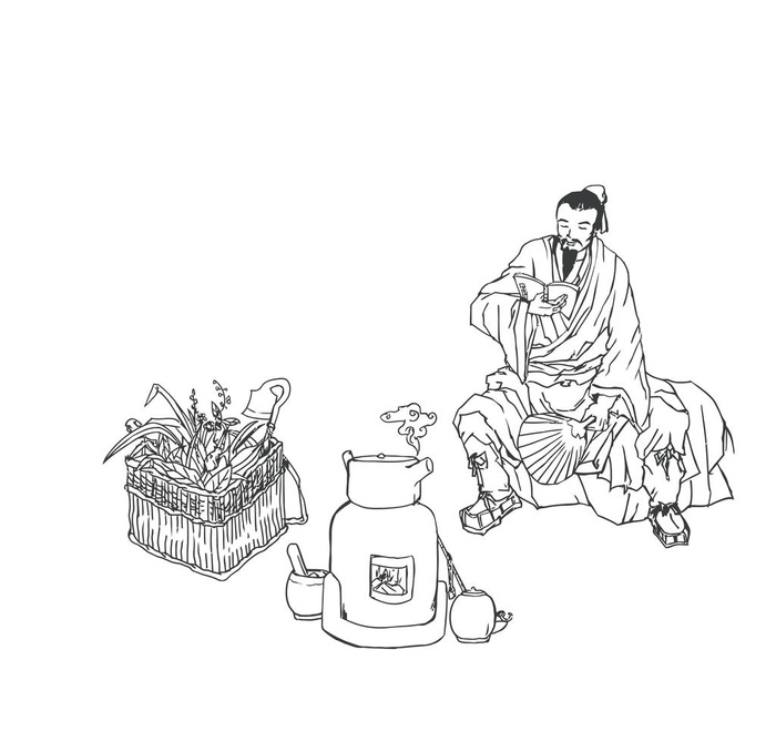矢量线条古人中医采药熬制图片