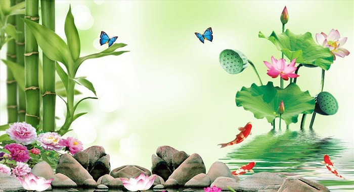 竹子 荷花 九鱼 蝴蝶 背景墙图片(3200x2000)psd模版下载