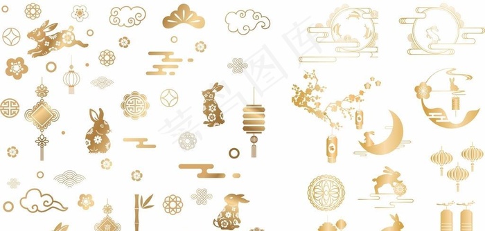 矢量烫金风中秋边框月亮兔子灯笼图片cdr矢量模版下载