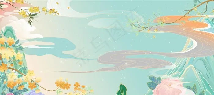 国潮插画山水图片(4200x2457)psd模版下载