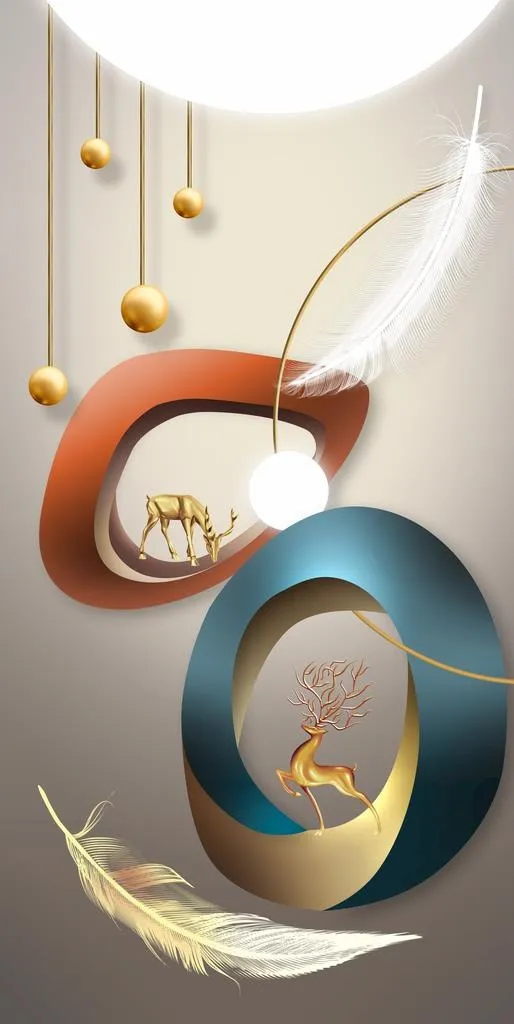 3D立体几何羽毛麋鹿玄关图片(4724x8858)psd模版下载