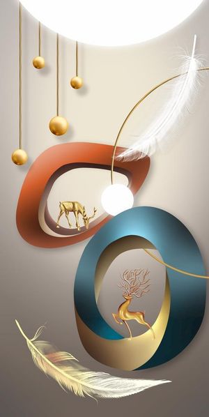 3D立体几何羽毛麋鹿玄关图片