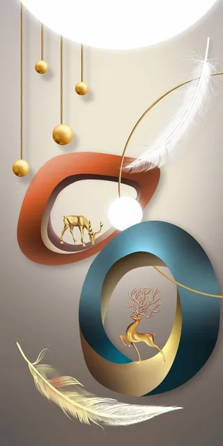 3D立体几何羽毛麋鹿玄关图片