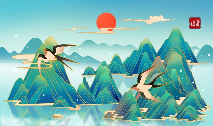 国潮风山水花鸟背景墙图片