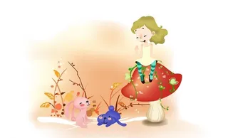 坐在蘑菇上的卡通女孩和兔子图片