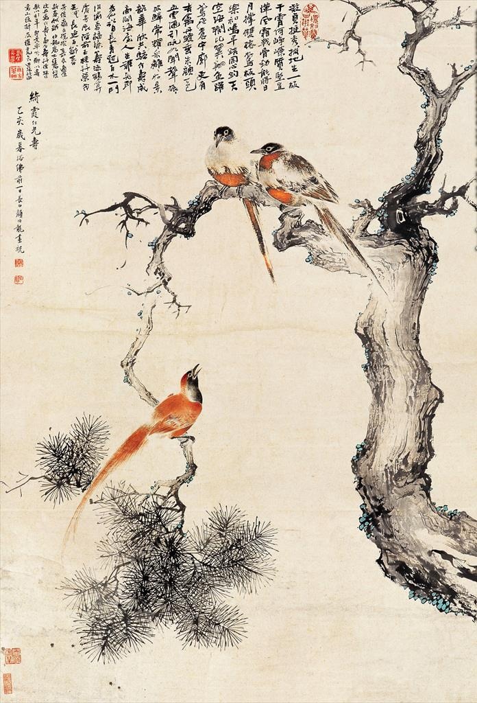 植物树枝花鸟中国风国画图片