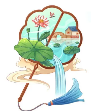 国风大暑节气民俗团扇荷花设计元图片