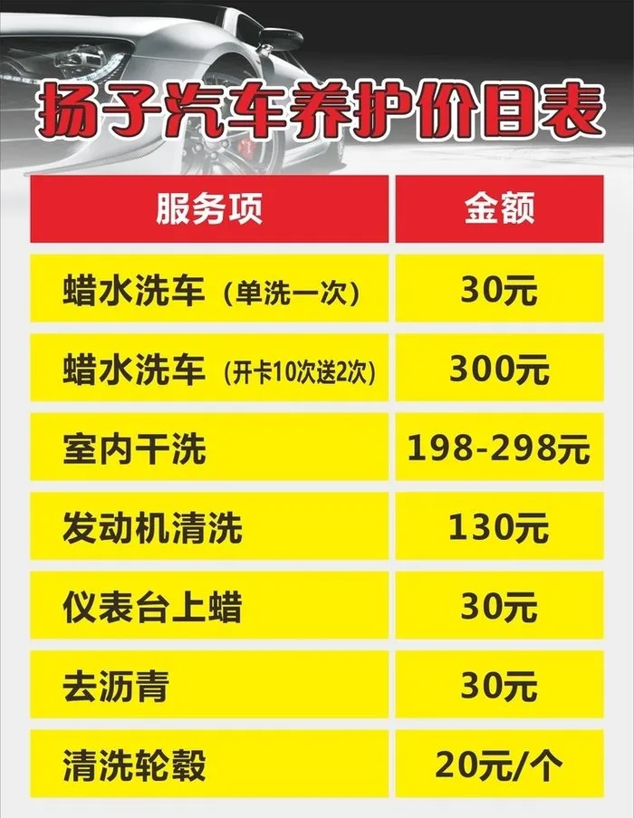 汽车养护洗车价目表图片cdr矢量模版下载