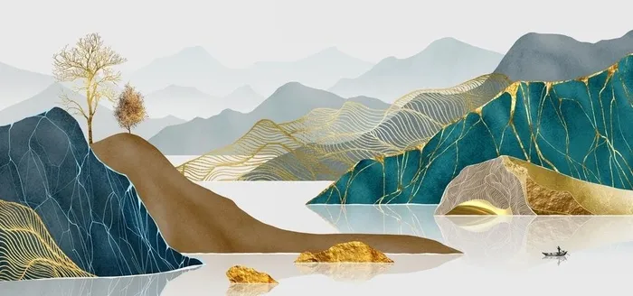 金色山水意境晶瓷画图片(9449x4724)psd模版下载