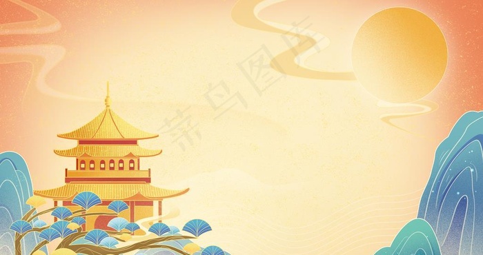 国潮风山水插画设计背景图片(4000x2500)psd模版下载