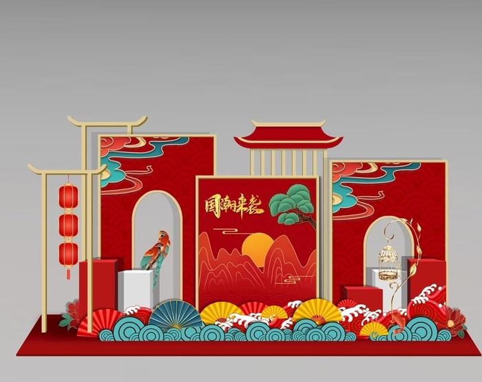 红色新中式喜气大气新年国潮美陈图片(6000x3000)psd模版下载