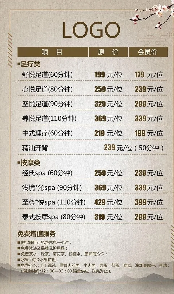 足疗价目表图片(2362x3780)psd模版下载