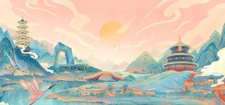 山水插画建筑国潮风手绘地标城市图片