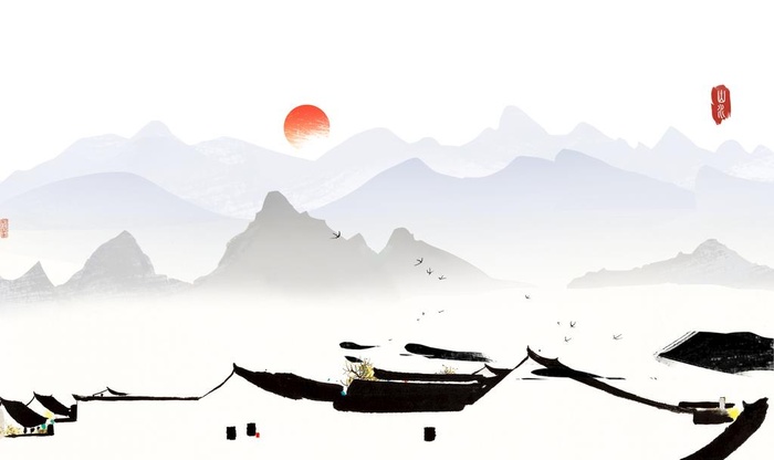 水墨山脉房子高清背景墙图片