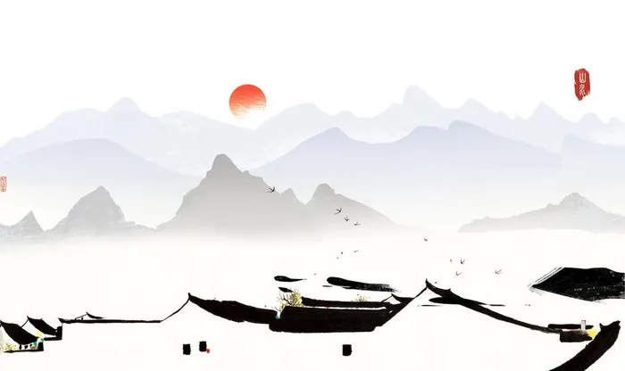 水墨山脉房子高清背景墙图片