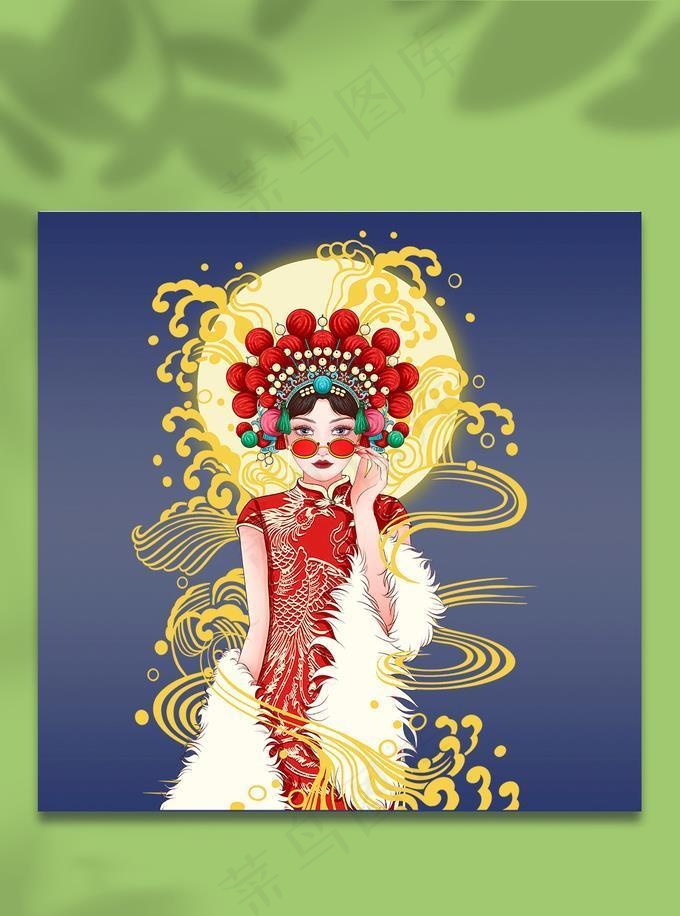 旗袍时尚国潮人物插画图片(4000x6000)psd模版下载