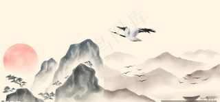 水墨画山水画日出意境黑白画图片