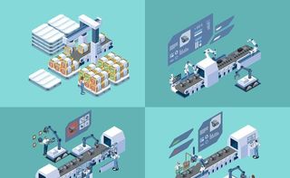 卡通智能机器人传送带制造矢量图片