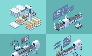 卡通智能机器人传送带制造矢量图片