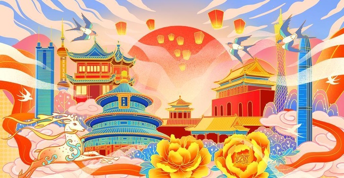 国潮建筑插画图片(6293x3850)psd模版下载