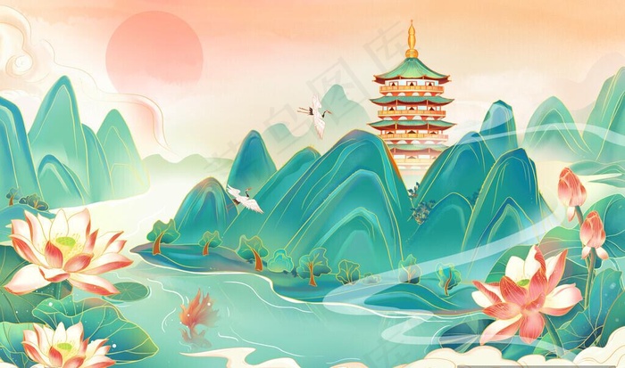 国潮风山水建筑图片(4000x2500)psd模版下载