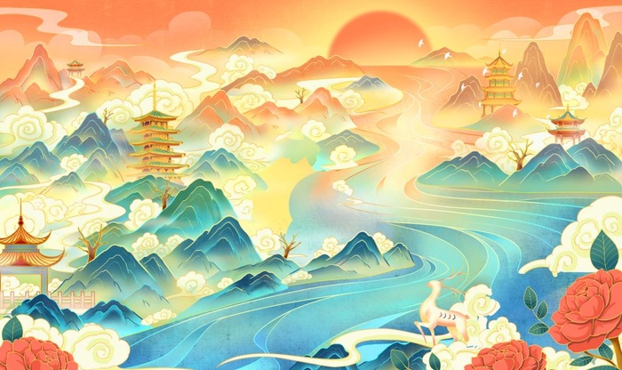 国潮山水插画图片(2677x1673)psd模版下载