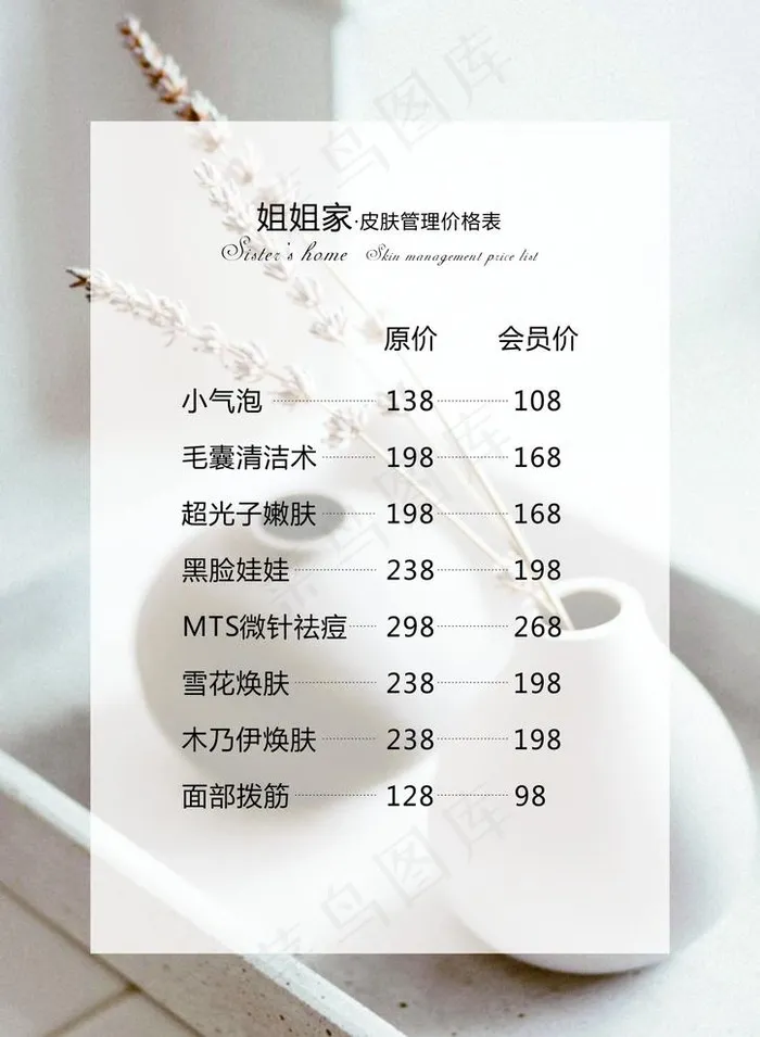 皮肤管理价格表图片cdr矢量模版下载