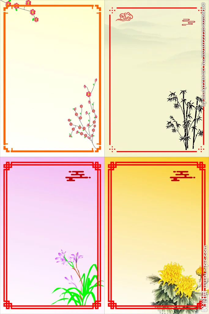 梅竹兰菊展板背景图片cdr矢量模版下载